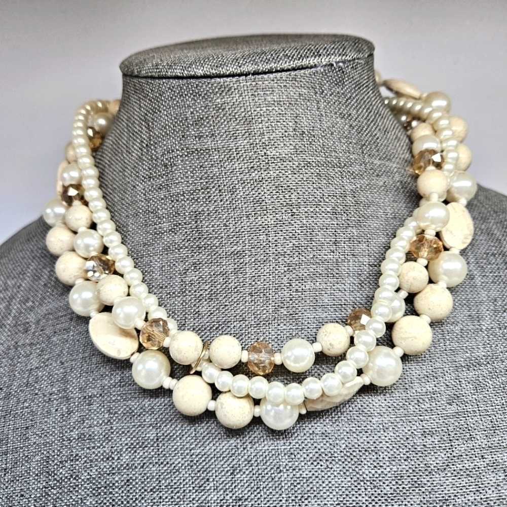 Vintage Jules Signed White Faux Pearl Beaded Multi-Strand Necklace